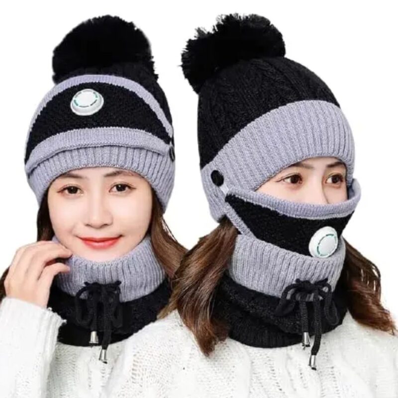 Unisex Winter Beanie Hat Scarf and Mask Set Thick Warm Knit Skull Cap