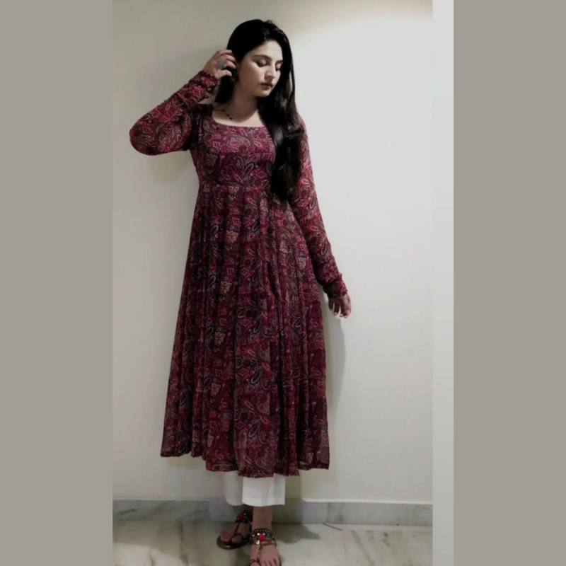 Plus Size Women's Printed Georgette Anarkali Kurti